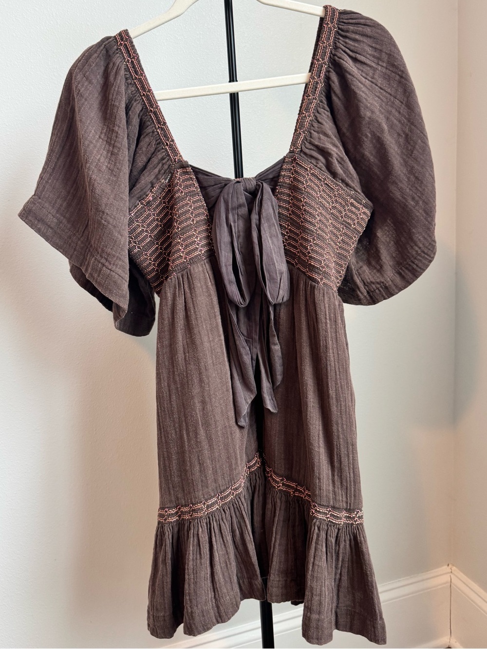 Free People Easy to Love Embroidered Gauze Smocked Mini Dress Brown XS